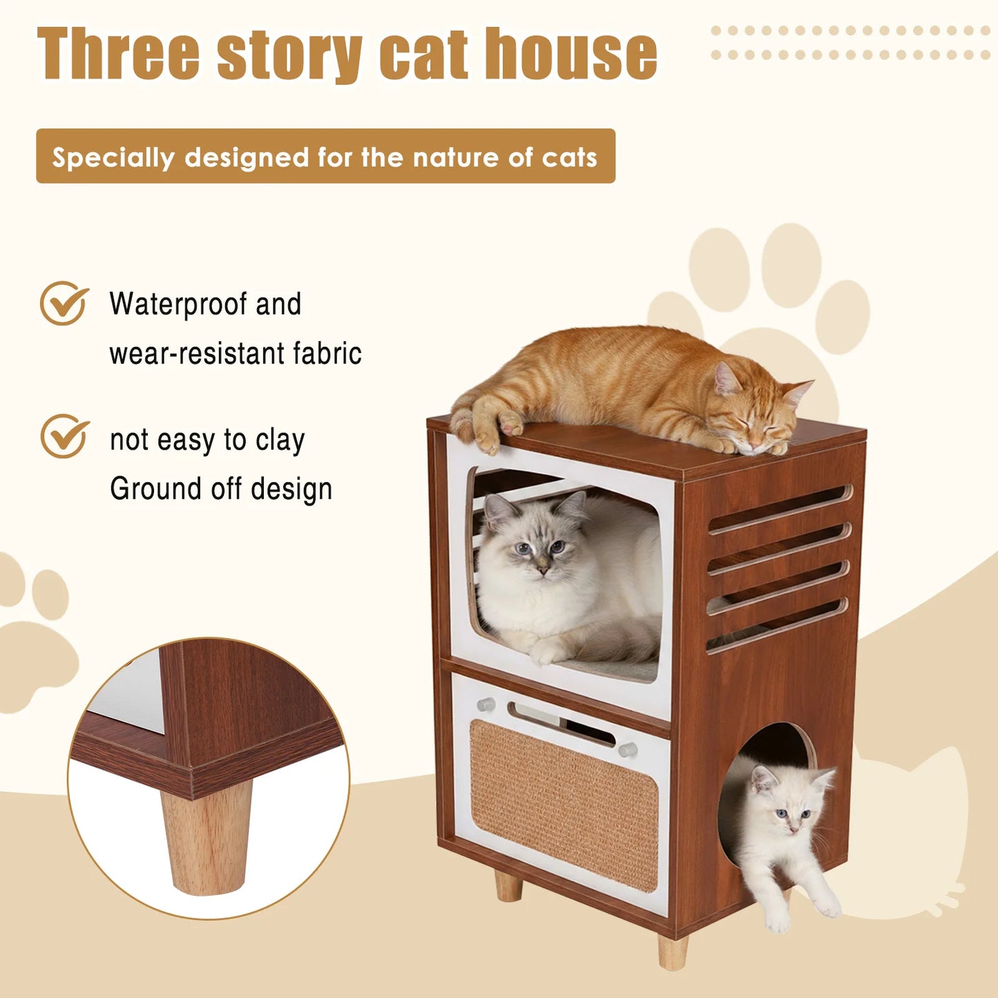 Retro TV-Style Wooden Cat House with Scratching Board Wood Bedside Table 2-In-1 2-Tier Cat Activity Center Gift for Pets