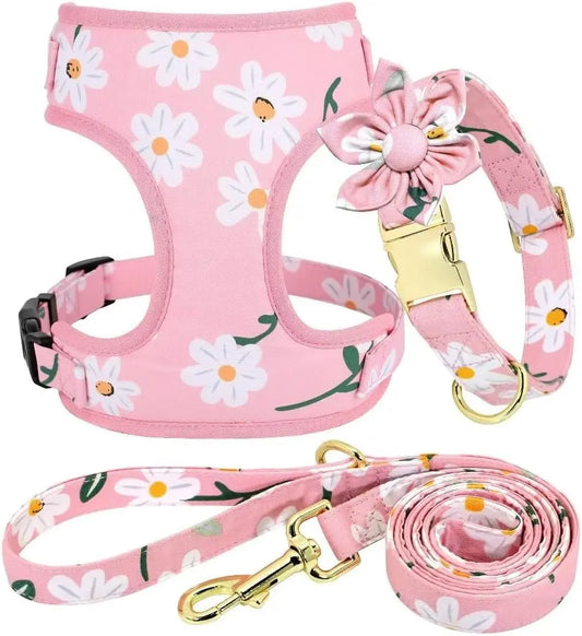 Cute Dog Collar, Harness & Leash Set with Flower - Adjustable Soft Mesh Vest for Puppies Small Medium Dogs (Pink)