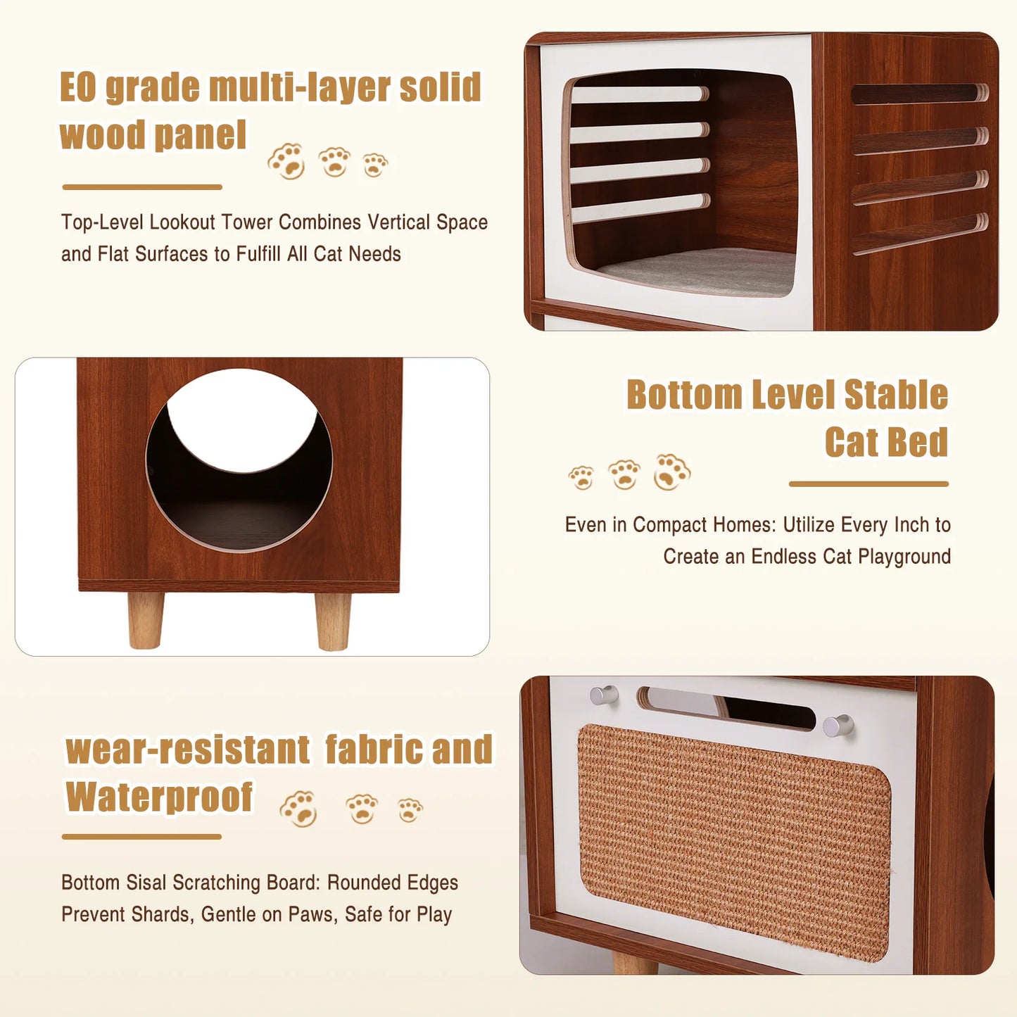Retro TV-Style Wooden Cat House with Scratching Board Wood Bedside Table 2-In-1 2-Tier Cat Activity Center Gift for Pets