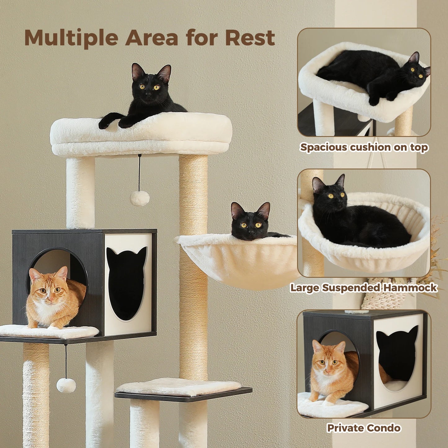 Wood Cat Tree with Storage Cabinet Sisal Scratching Posts Cozy Condo Hammock Dangling Balls Large Cat Tower for Indoor Cat Toys
