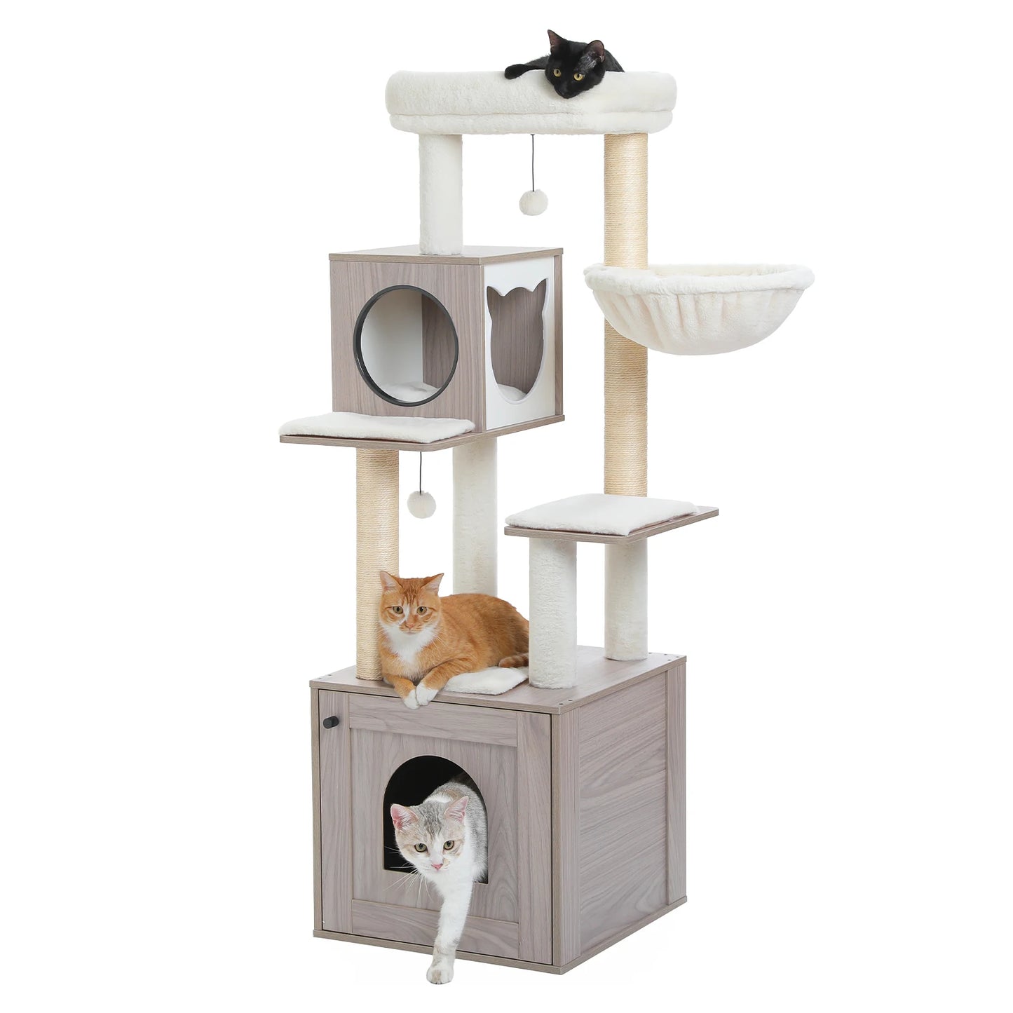 Wood Cat Tree with Storage Cabinet Sisal Scratching Posts Cozy Condo Hammock Dangling Balls Large Cat Tower for Indoor Cat Toys