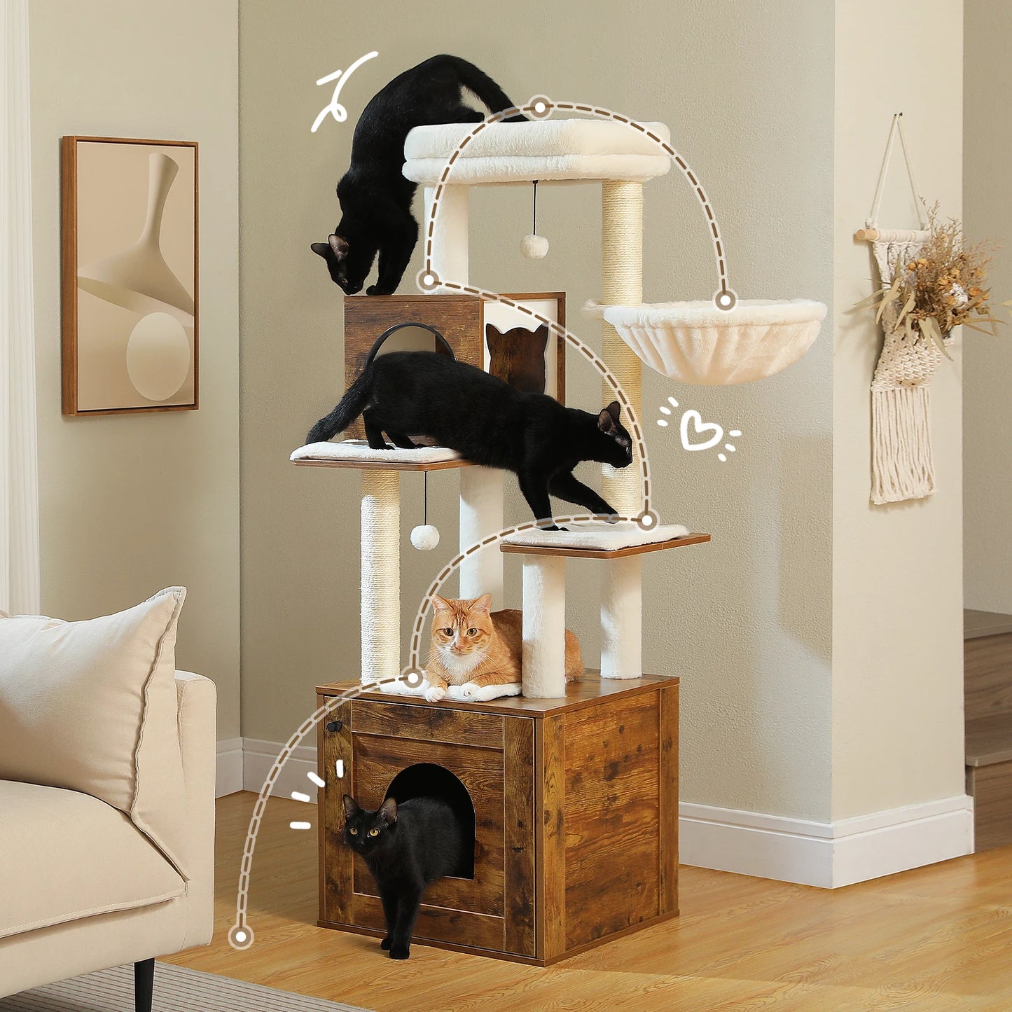 Wood Cat Tree with Storage Cabinet Sisal Scratching Posts Cozy Condo Hammock Dangling Balls Large Cat Tower for Indoor Cat Toys
