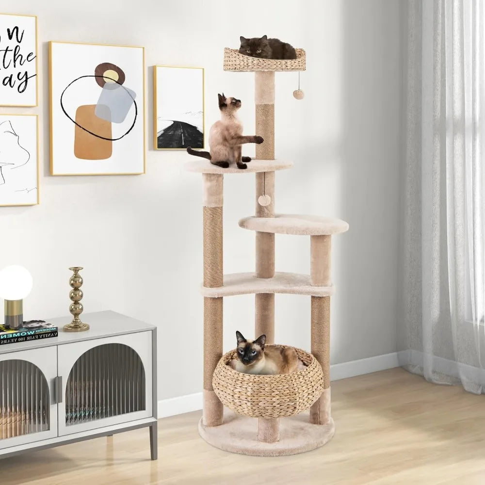 Modern Cat Tree, 65 Inch Tall Cat Tower with Jute Scratching Posts, Dangling Balls, Cattail Basket Bed & Top Perch