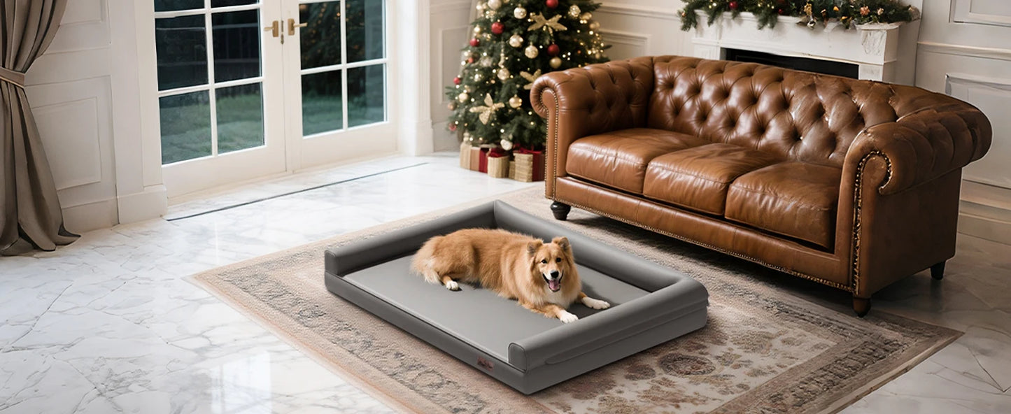 Extra Large Orthopedic Dog Bed Bolster Microfiber Leather Pet Dog Sofa Waterproof Couch Calming Bed with Removable Cover