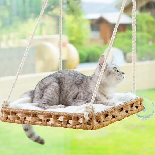 Window Perch Cat Window Hammock Bed for Indoor Cats, Large Handwoven PE Rattan Window Seat, 4 Suction Cups, Double Sided Washabl