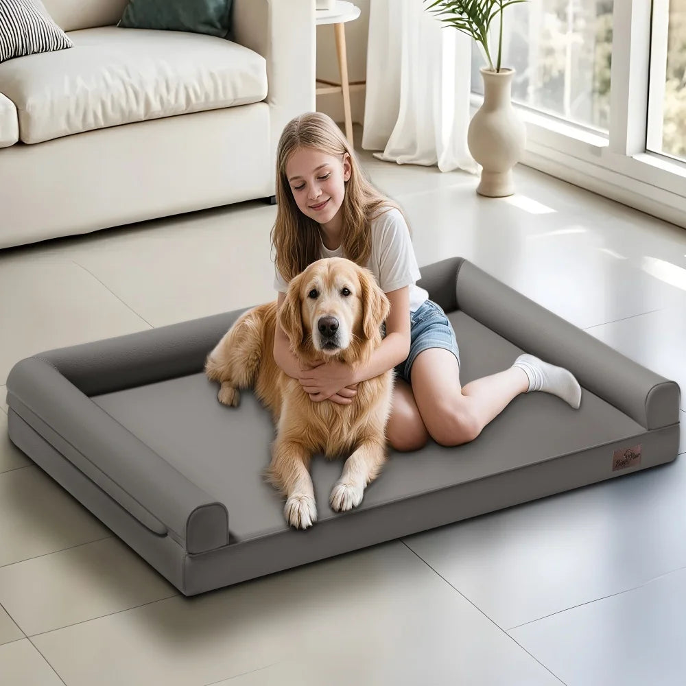 Extra Large Orthopedic Dog Bed Bolster Microfiber Leather Pet Dog Sofa Waterproof Couch Calming Bed with Removable Cover