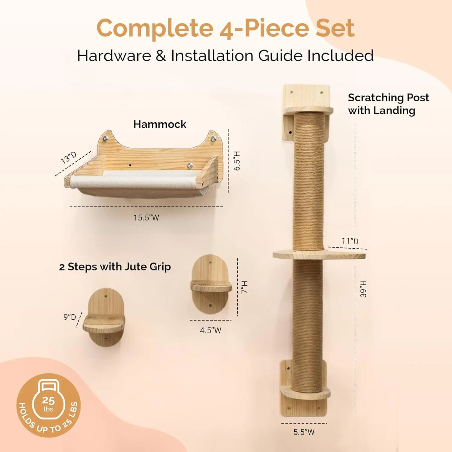 4-in-1 Cat Wall Shelves with Hammock, Scratching Post & Perch – Supports up to 25 lbs for Windows and Walls