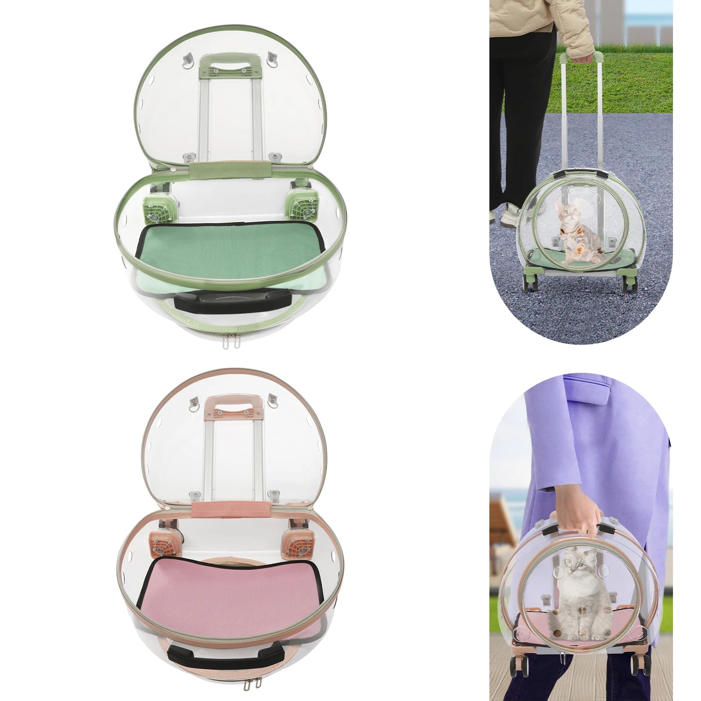 Pink/Green Breathable Cat Carrier,PC Cat Carrier with 4 Rolling Wheels 40*27*45cm for Cats Weighing Within 9kg