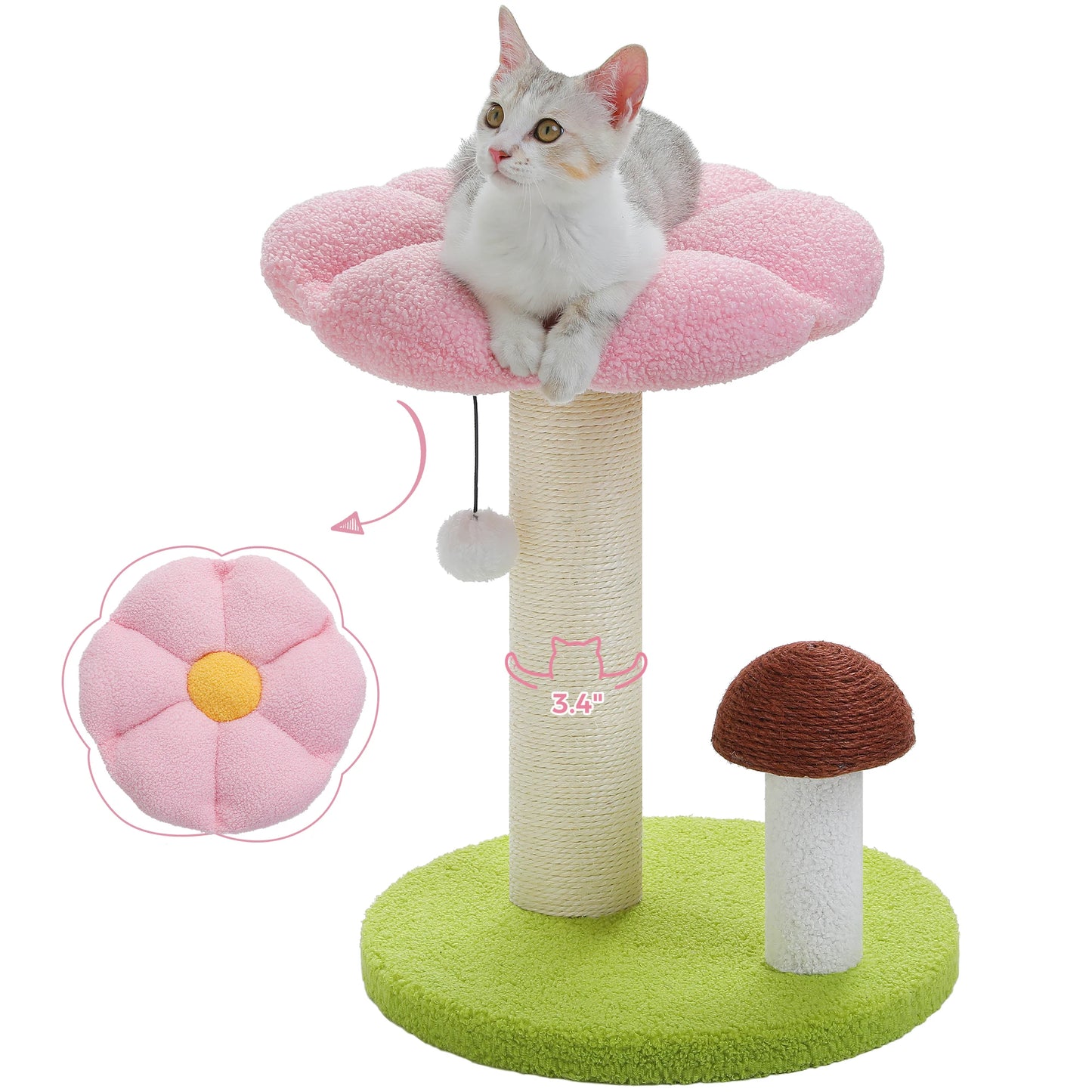 Small Cat Scratching Posts with Removable Flower Cat Bed Interactive Toy Ball Cute Mushroom Cat Scratcher for Indoor Cat Toys