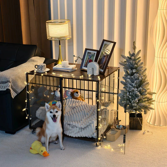 Furniture Style Tempered Glass Dog Crate Cage Pet Kennel End Table Rolling Wheels, Ventilated Bars, for Samll and Medium Dogs