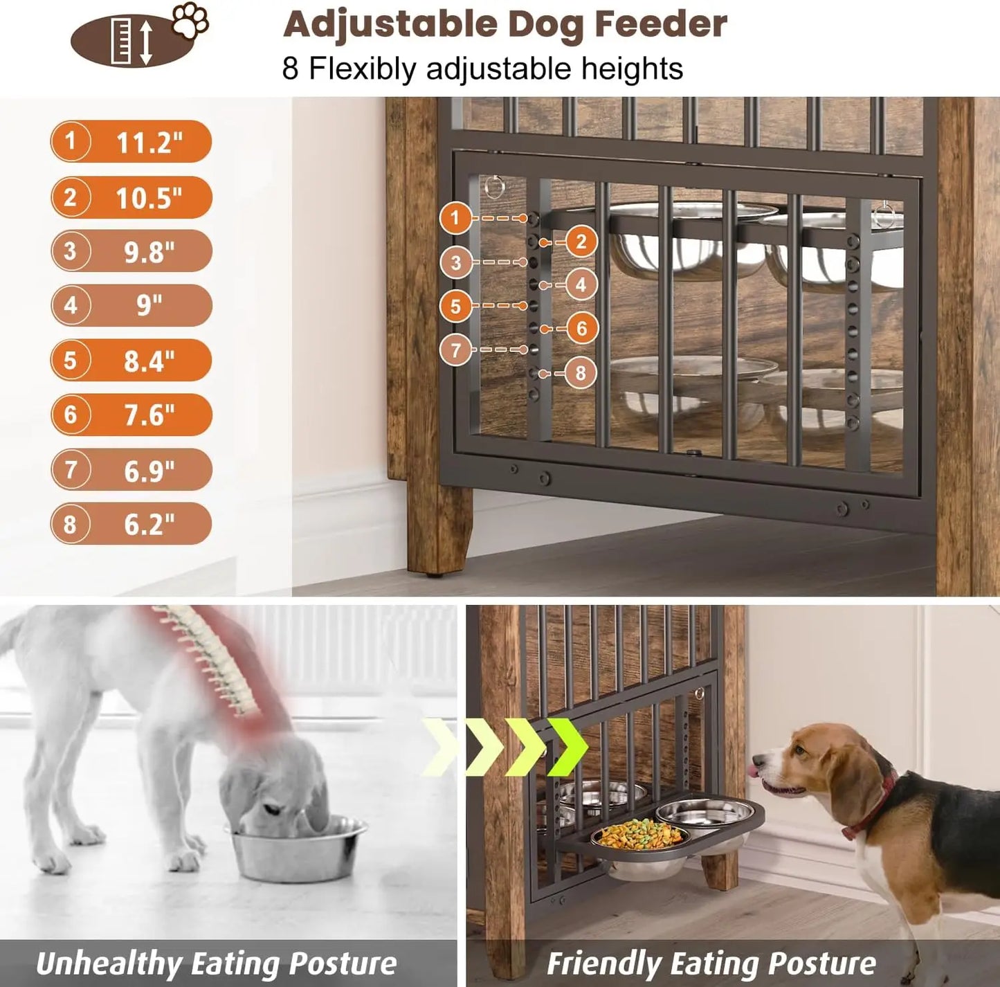 Dog Crate Furniture, 31.5" Wooden Dog Kennel Indoor with 360° Rotating & Adjustable Height Feeder 2 Bowls, Heavy Duty Side