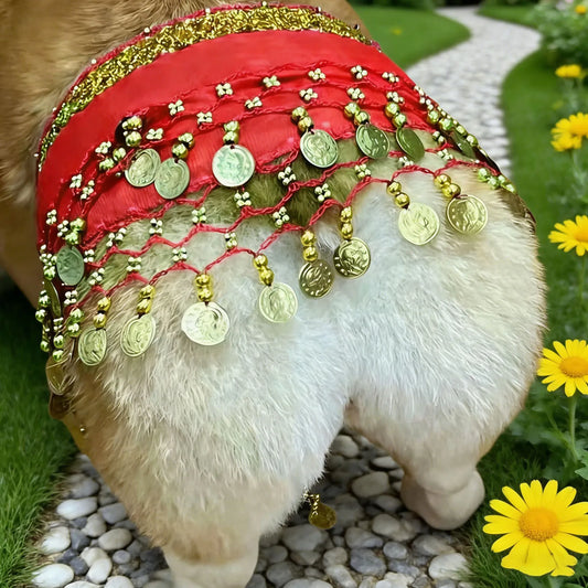 Dog Belly Dancer Skirt Pet Costumes with Sequins & Coins Adjustable Puppy Dancing Dress Multi-Purpose Decorative Dance Hip Towel