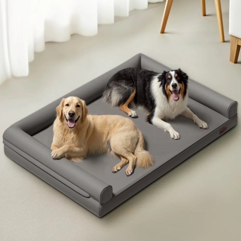 Extra Large Orthopedic Dog Bed Bolster Microfiber Leather Pet Dog Sofa Waterproof Couch Calming Bed with Removable Cover