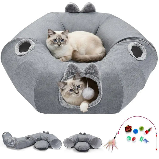 Linen Cat Tunnels for Indoor Cats with Central Cat Bed, Interactive Cat Toys Detachable Soft Mat and Variety Kitty Toy Set Grey