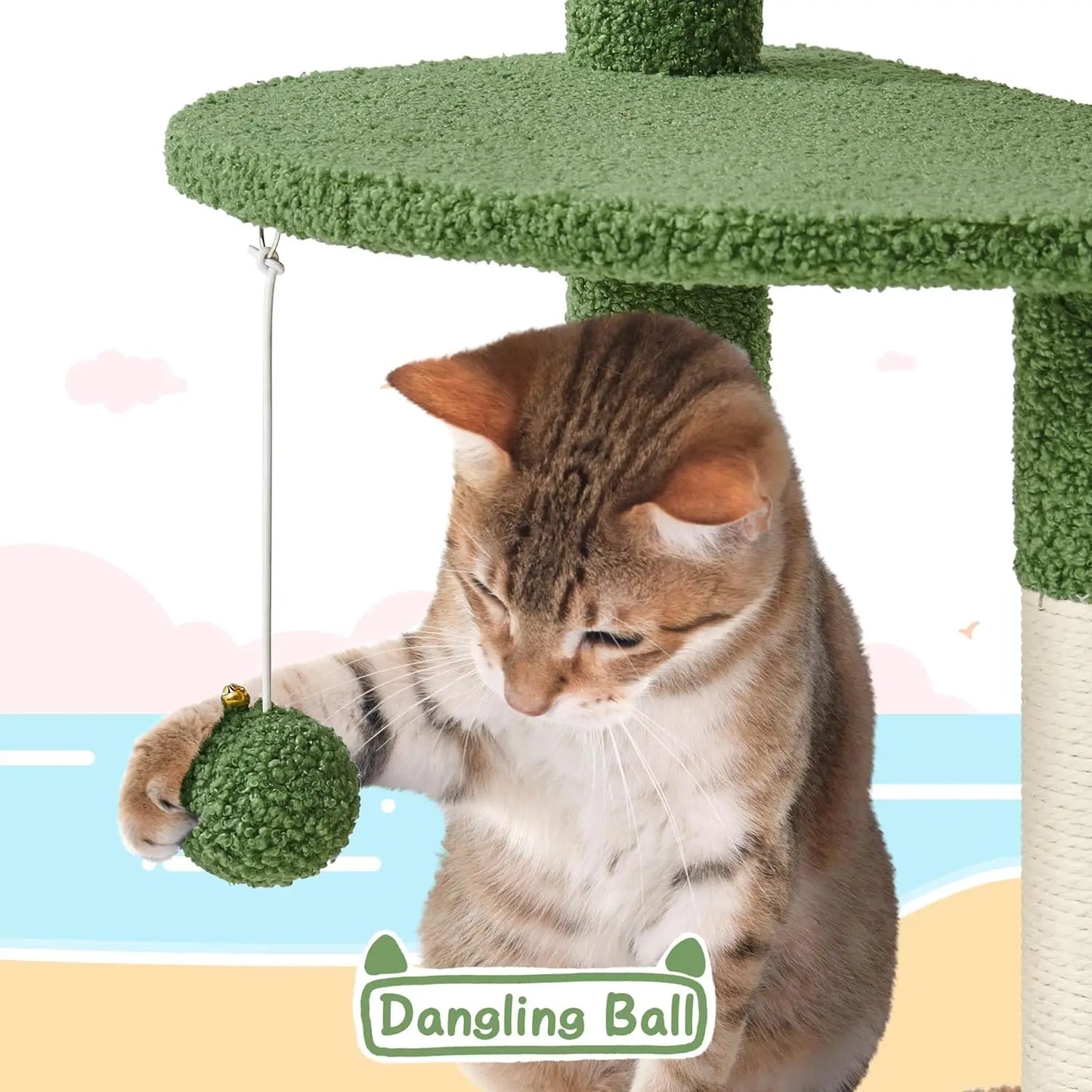 59in Cat Tree, Palm Leaf Cat Tower for Indoor Cats with Green Leaves, Cat Climbing Frame with Fluffy Balls Natural, Customized