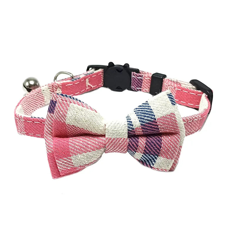 Pet Breakaway Cat Collar Bow Tie and Bell Cute Plaid Christmas Red Elastic Adjustable Collar With Sash Small Bell For Cats