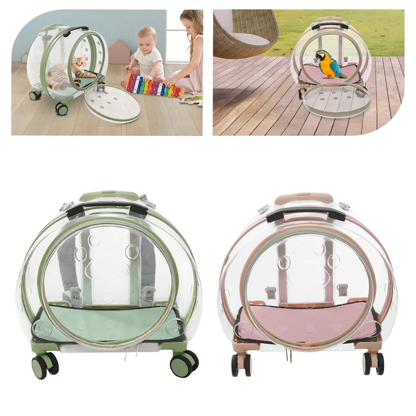 Pink/Green Breathable Cat Carrier,PC Cat Carrier with 4 Rolling Wheels 40*27*45cm for Cats Weighing Within 9kg