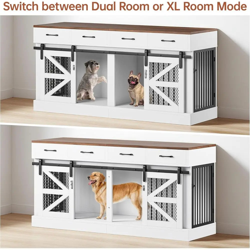71 Heavy-Duty Indoor Wooden Dog Crate for 1-2 Dogs, Removable Divider & Storage Drawers - Multifunctional Pet Furniture, TV Stan