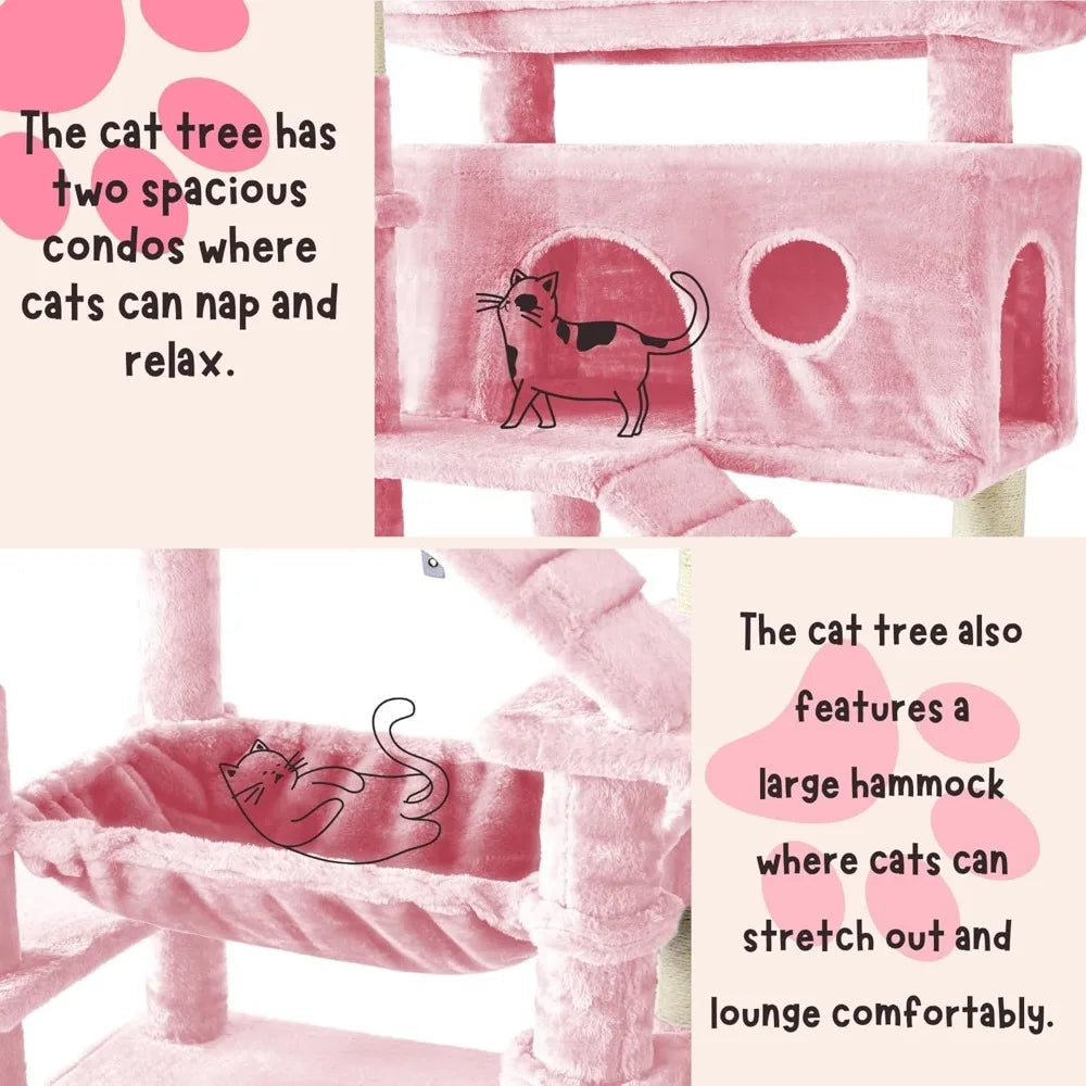 Cat Tree,80-Inch Large Cat Tower with 9 Scratching Posts, 2 Perches Stairs,Extra Large Hammock, Pompoms, M
