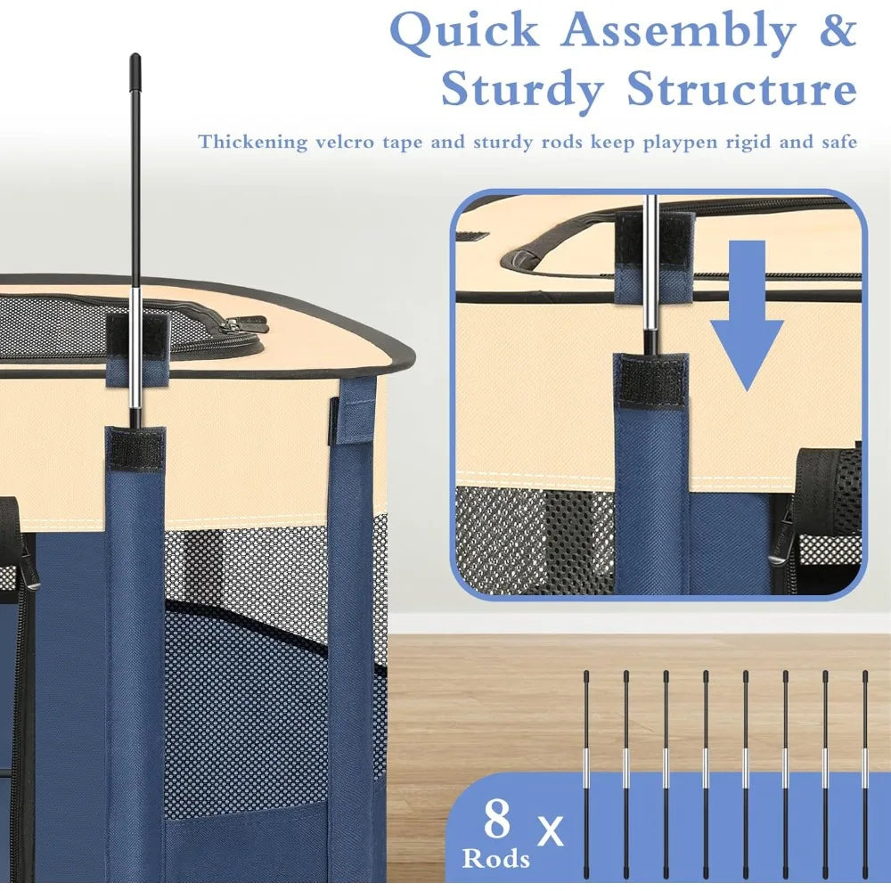 Foldable Dog Playpen Portable Pet Cage for Small Animals Indoor Outdoor Travel Camping Use with Carrying Case Blue