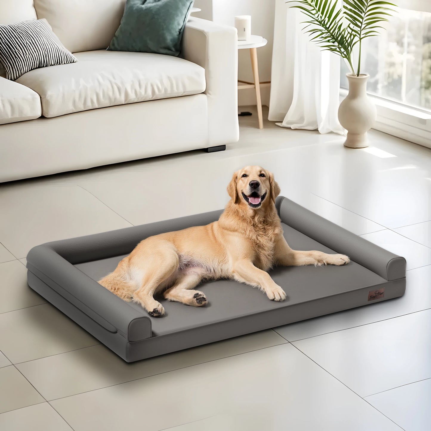 Extra Large Orthopedic Dog Bed Bolster Microfiber Leather Pet Dog Sofa Waterproof Couch Calming Bed with Removable Cover