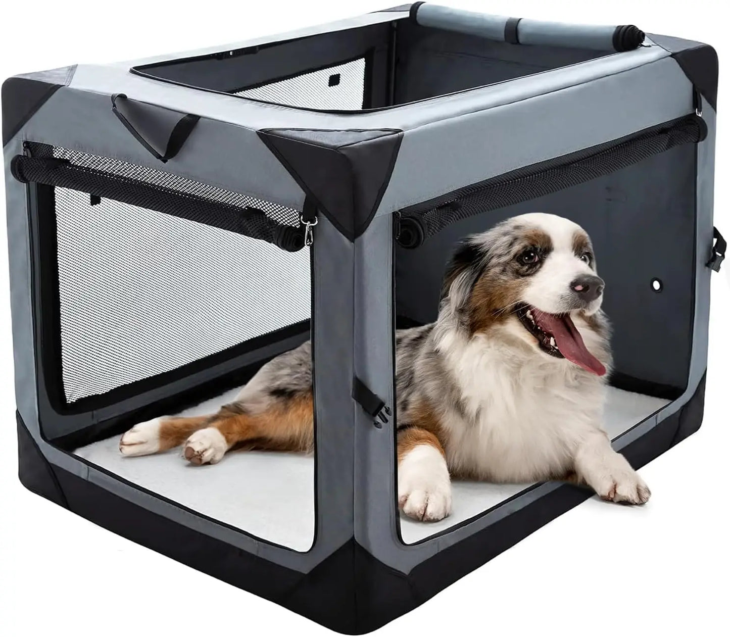 36 Inch Collapsible Crate for Large Dogs, 4-Door Foldable Soft Kennel with Chew Proof Mesh Windows for Indoor & Outdoor Travel