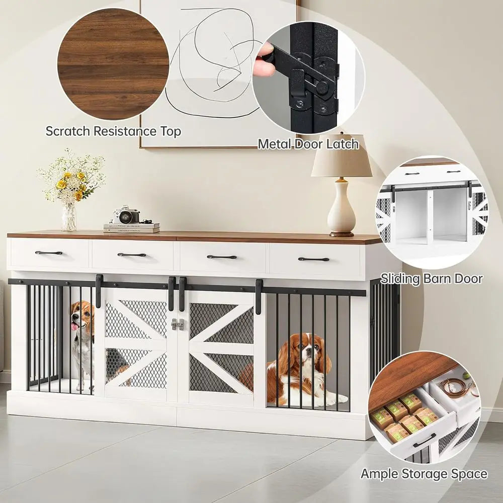 71 Heavy-Duty Indoor Wooden Dog Crate for 1-2 Dogs, Removable Divider & Storage Drawers - Multifunctional Pet Furniture, TV Stan