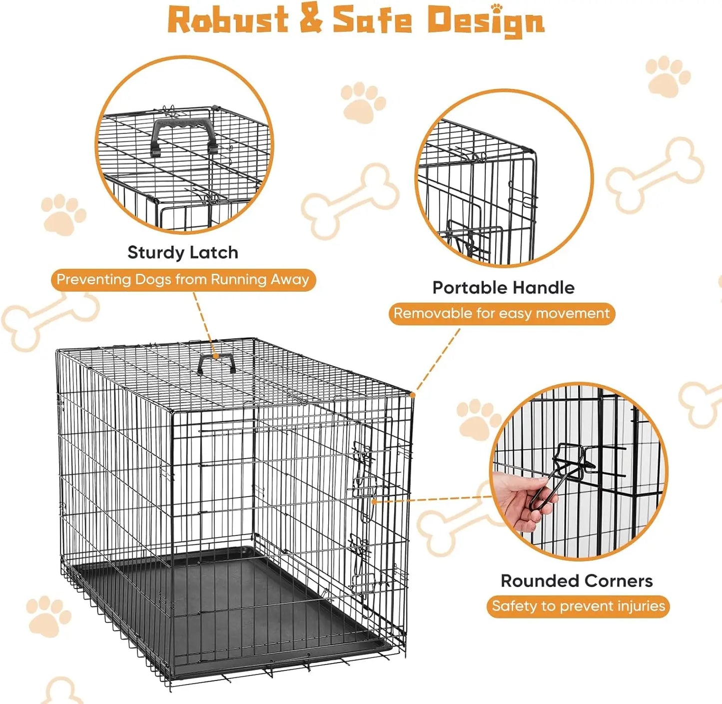 42 Inch Large Double Door Dog Cage with Leak-Proof Tray, Folding Metal Wire Pet Kennel for Indoor Outdoor Travel