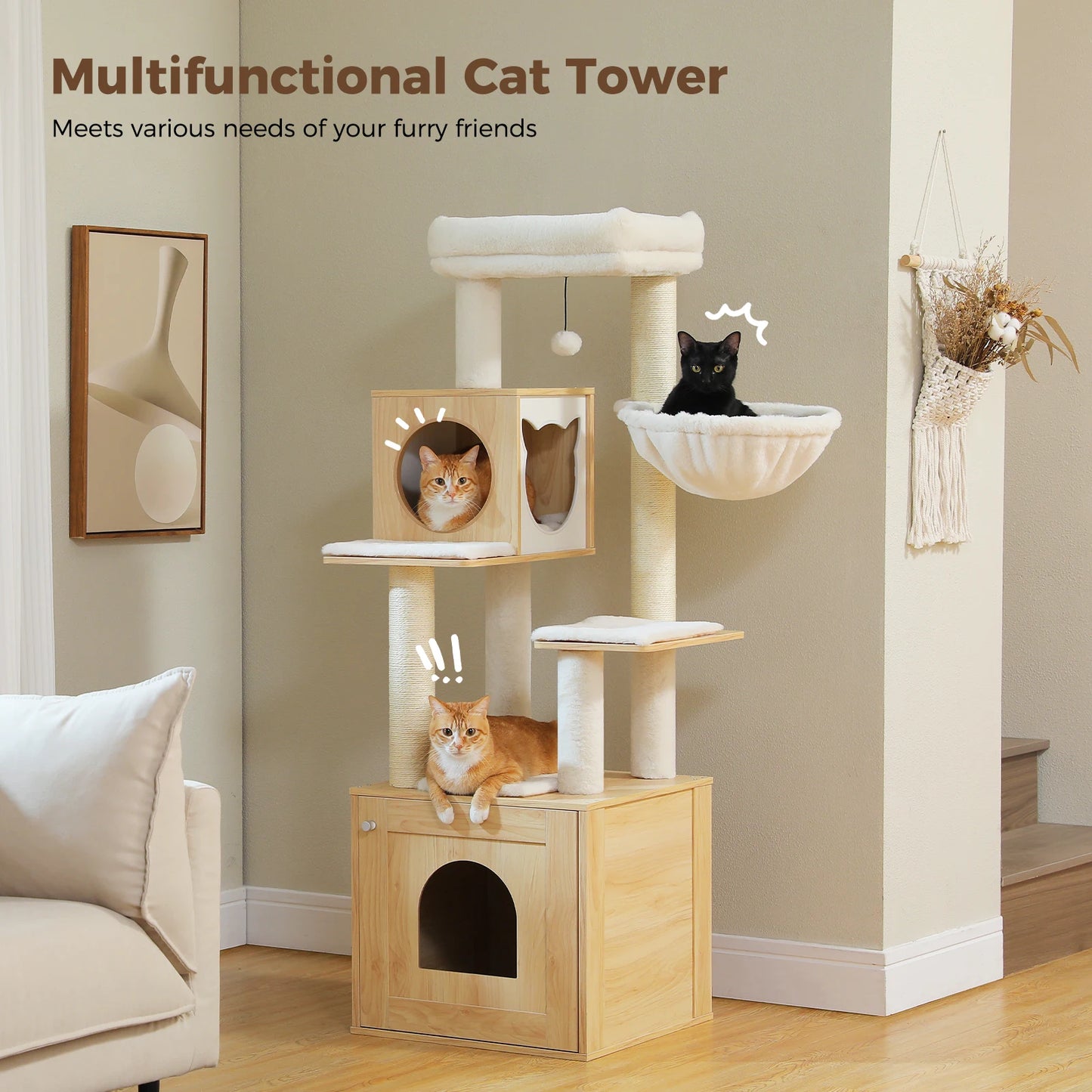 Wood Cat Tree with Storage Cabinet Sisal Scratching Posts Cozy Condo Hammock Dangling Balls Large Cat Tower for Indoor Cat Toys