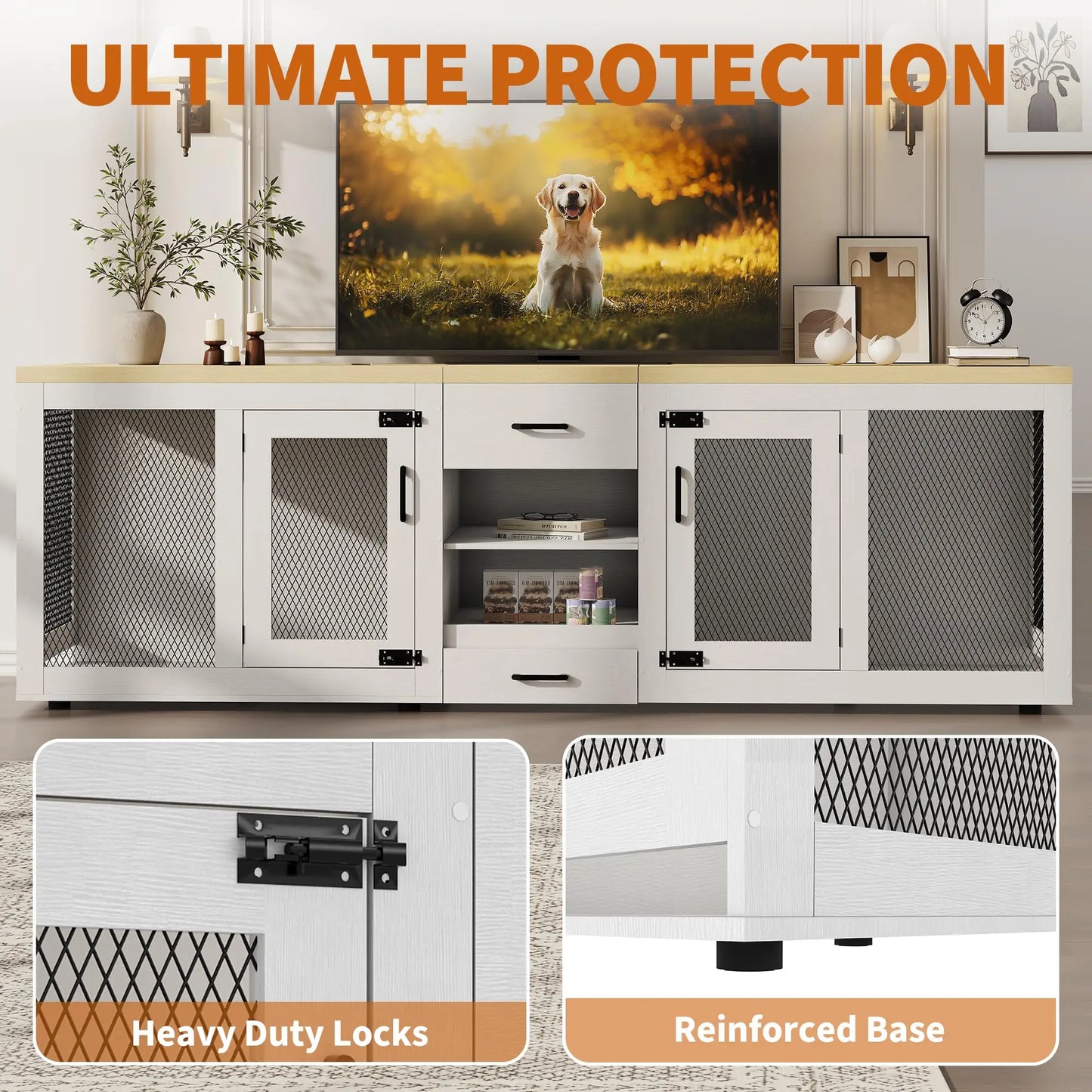 91 Inch Large Double Dog Crate Furniture TV Stand With Feeding Station Storage Heavy Duty Kennel For 2 Dogs