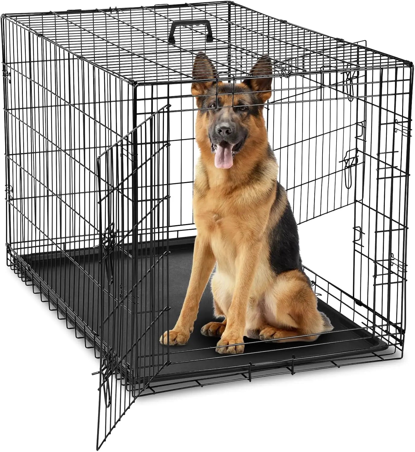 42 Inch Large Double Door Dog Cage with Leak-Proof Tray, Folding Metal Wire Pet Kennel for Indoor Outdoor Travel