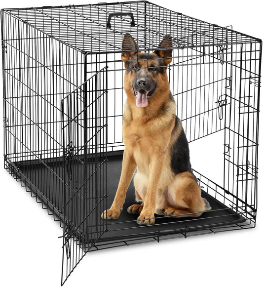 42 Inch Large Double Door Dog Cage with Leak-Proof Tray, Folding Metal Wire Pet Kennel for Indoor Outdoor Travel