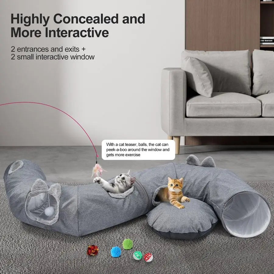 Linen Cat Tunnels for Indoor Cats with Central Cat Bed, Interactive Cat Toys Detachable Soft Mat and Variety Kitty Toy Set Grey