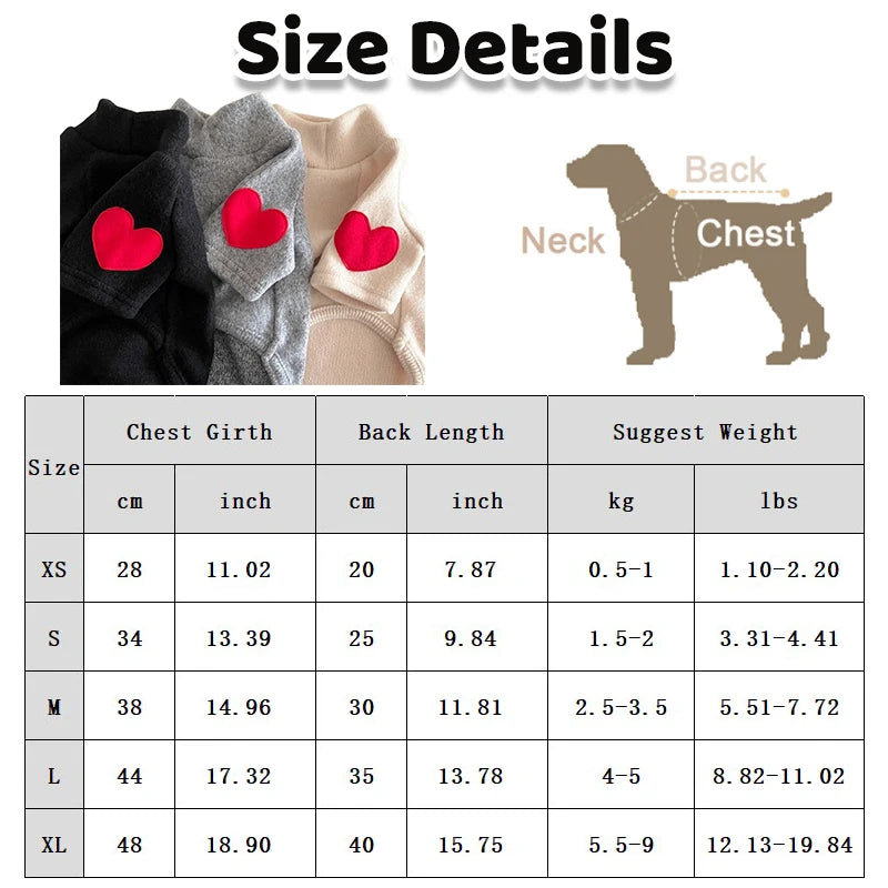 Winter Dog Shirt Heart-shaped Patch Embroidery Sweatshirt Chihuahua Breathable Warm Shirt Puppy Outdoor Clothes Pet Supplies