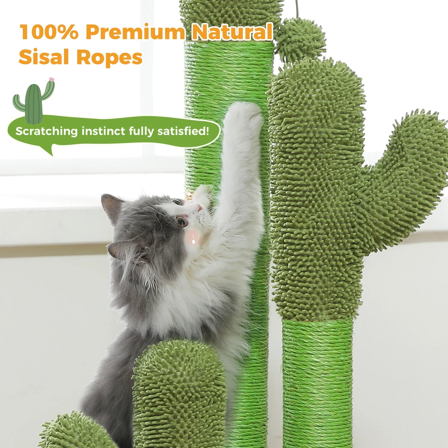 Cat Scratching Post with 3 Natural Scratching Poles and Interactive Dangling Ball, Cactus Cat Scratcher for Indoor, Cat Toys