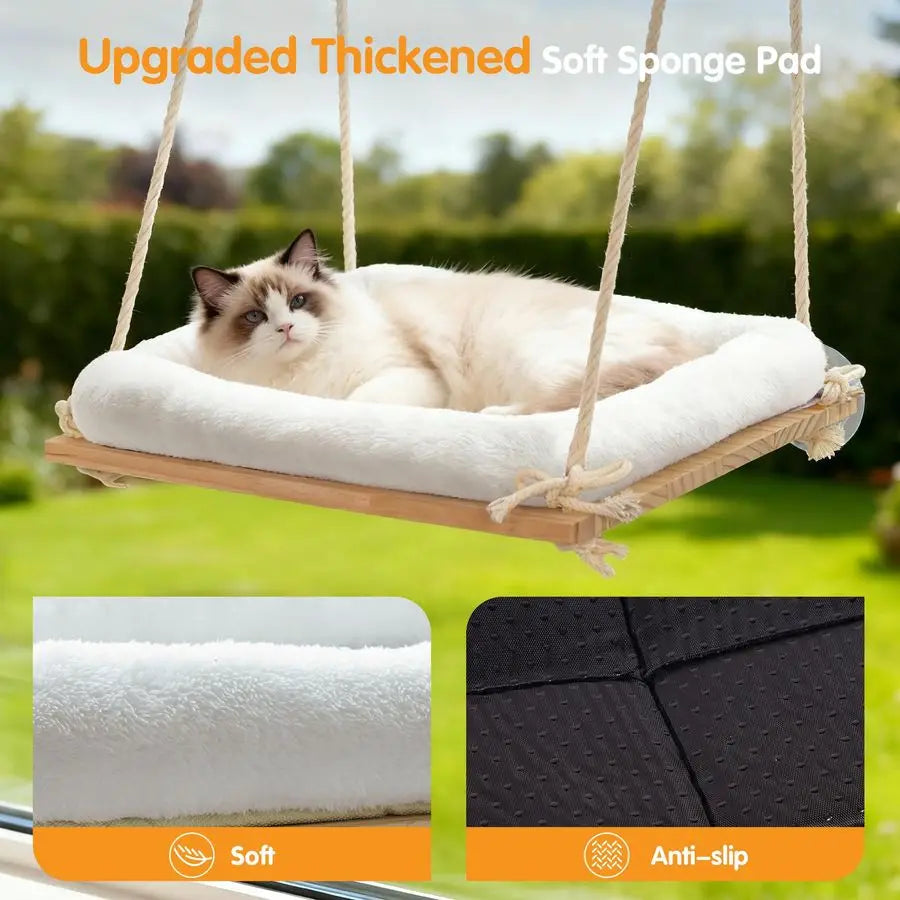 Window Perch, Rustic Cat Hammock Bed with Solid Wood Seat 4 Heavy Duty Suction Cups, Plush Cushion, Indoor Pet Window Hammock fo