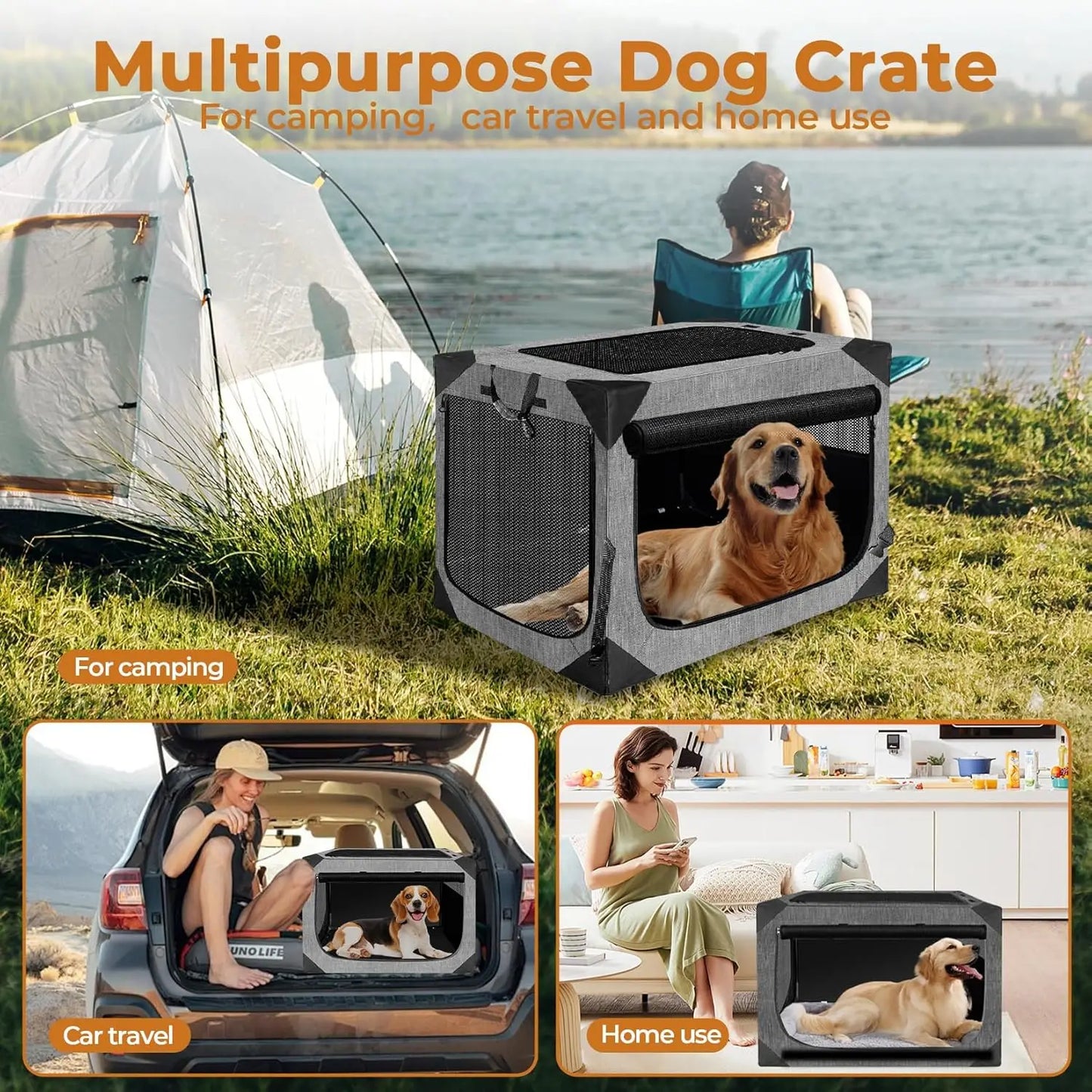 Collapsible Soft Dog Crate for Large Dogs, Portable Travel Kennel with Chew-Proof Mesh, Dark Gray 36x25x25 Inches