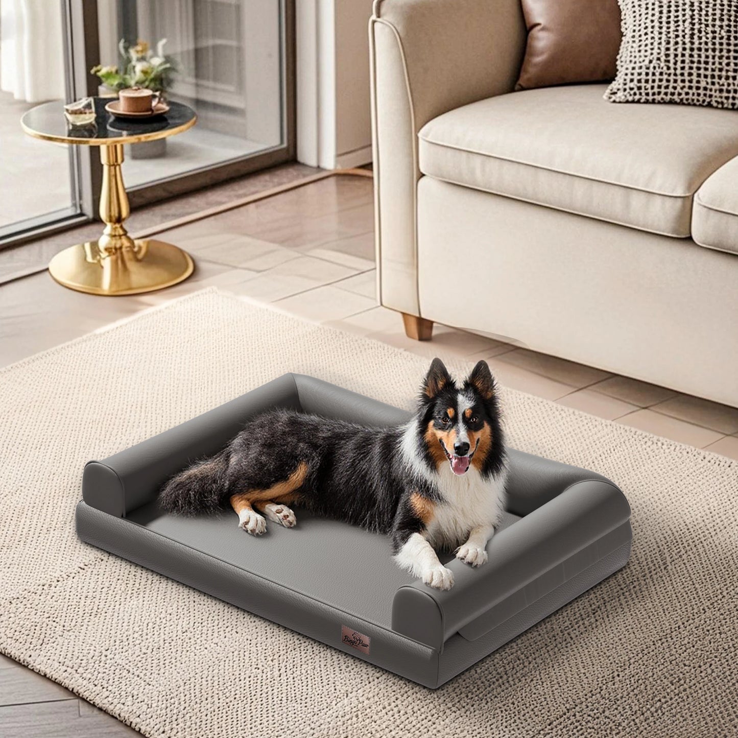 Extra Large Orthopedic Dog Bed Bolster Microfiber Leather Pet Dog Sofa Waterproof Couch Calming Bed with Removable Cover