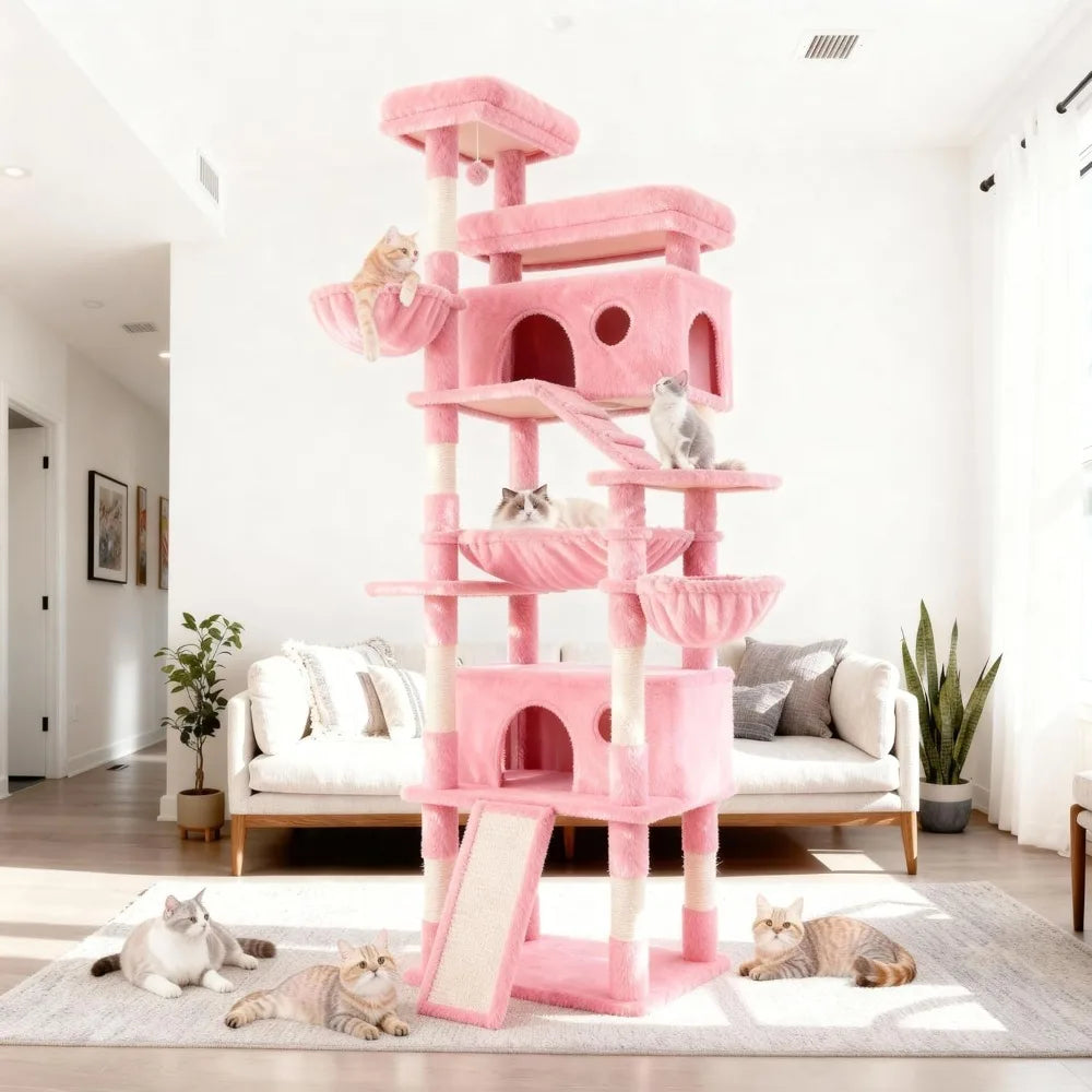 Cat Tree,80-Inch Large Cat Tower with 9 Scratching Posts, 2 Perches Stairs,Extra Large Hammock, Pompoms, M