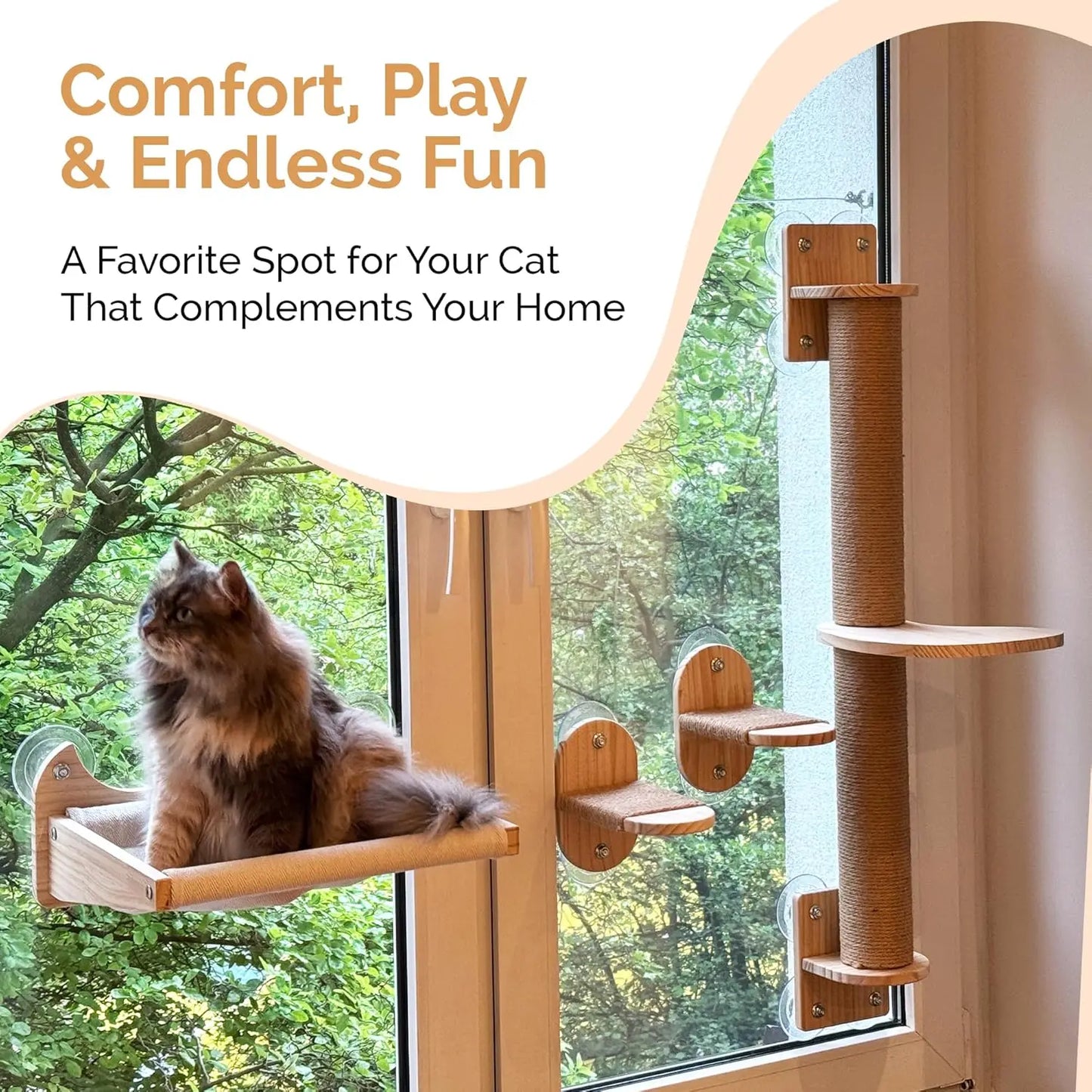 4-in-1 Cat Wall Shelves with Hammock, Scratching Post & Perch – Supports up to 25 lbs for Windows and Walls