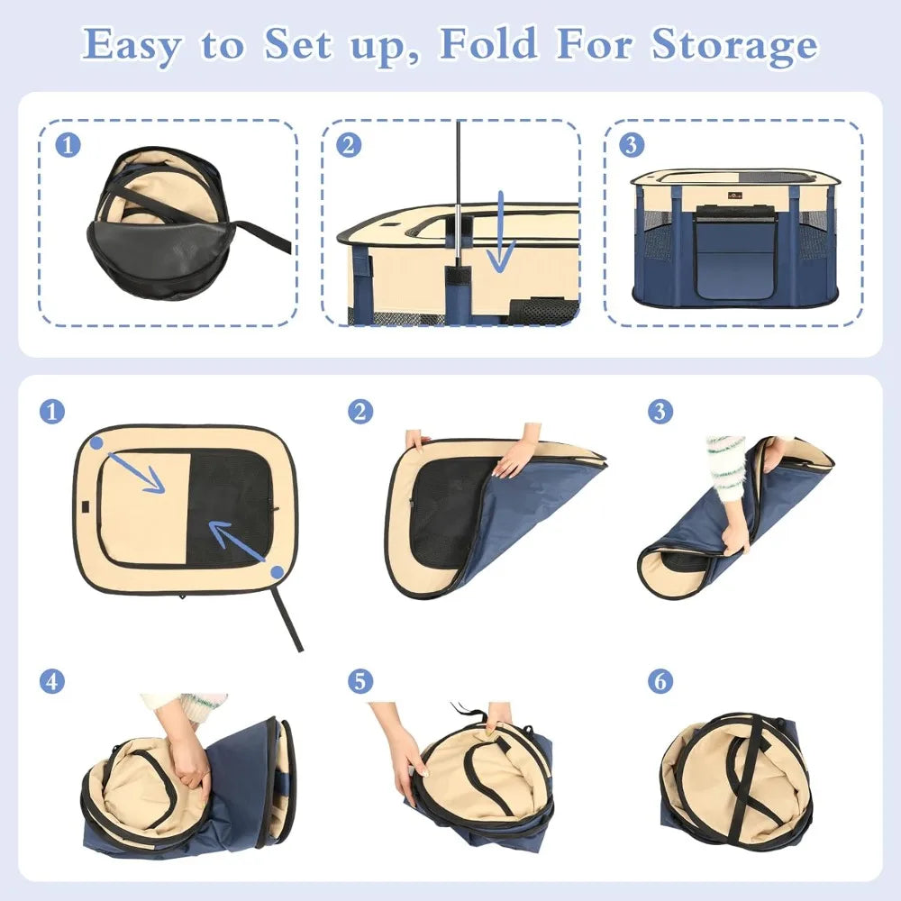 Foldable Dog Playpen Portable Pet Cage for Small Animals Indoor Outdoor Travel Camping Use with Carrying Case Blue
