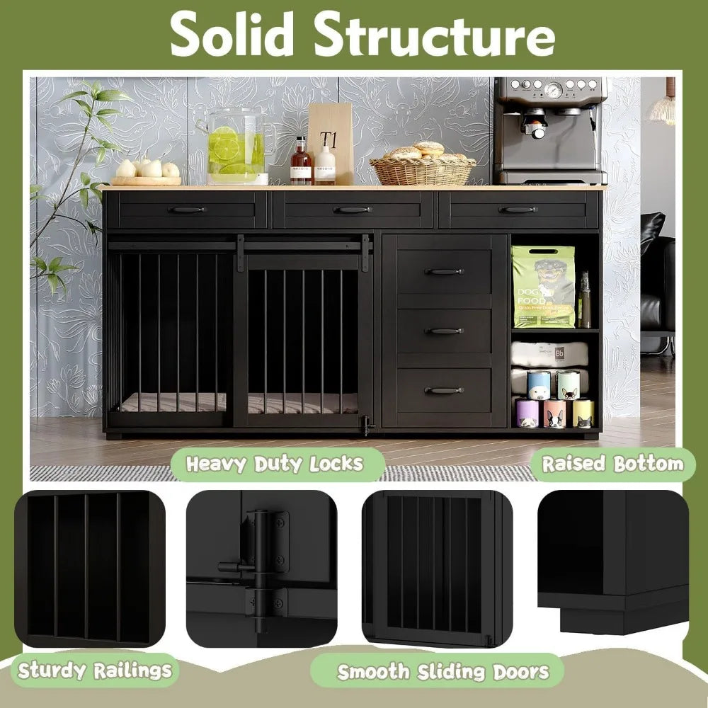 dog crate funiture with storage, 72.4" wooden heavy duty dog kennel table furniture with drawers & shelves, indoor dog house tv