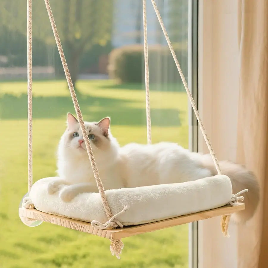 Window Perch, Rustic Cat Hammock Bed with Solid Wood Seat 4 Heavy Duty Suction Cups, Plush Cushion, Indoor Pet Window Hammock fo
