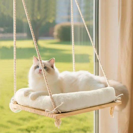 Window Perch, Rustic Cat Hammock Bed with Solid Wood Seat 4 Heavy Duty Suction Cups, Plush Cushion, Indoor Pet Window Hammock fo
