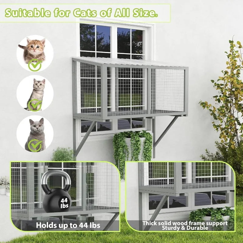 Window Catio, Catio Outdoor Cat Enclosure Window Box, Wooden Cat Window Perch