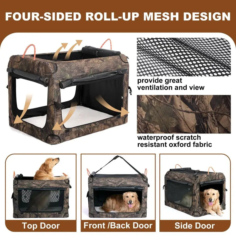 27.5 Inch Collapsible Dog Crate, Portable SoftSided Dog Travel Carrier Camouflage Style Pet Kennel 4Door with Durable Mesh Windo