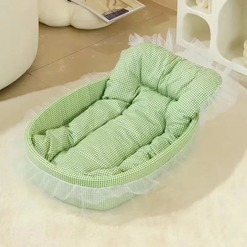 1set Cute Lace-Trimmed Pet Princess Bed For Winter - Soft Polyester Plush Oval for Small Dogs/Cats, Easy Assembly Indoor Use