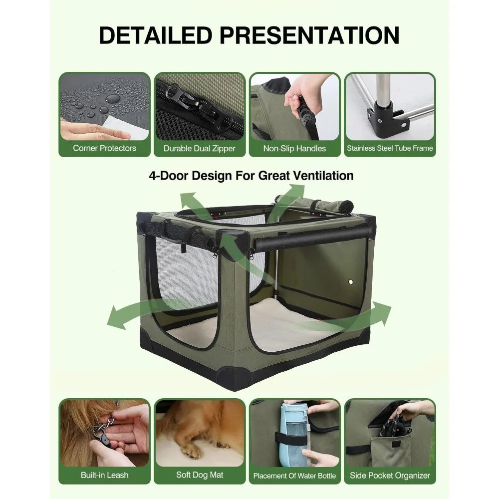 30 Inch Foldable Dog Crate for Medium Large Dogs, Portable Soft Kennel with Mesh Windows and Storage Bag, Green